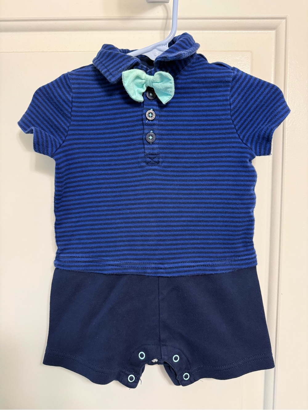 Cherokee Navy & Blue Striped Polo Romper with Mint Bow